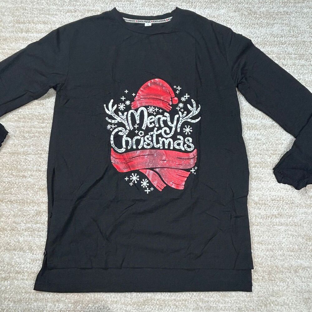 Exclusive Top Womens S Merry Christmas Long Sleeve Graphic Black Tee LaceCuff